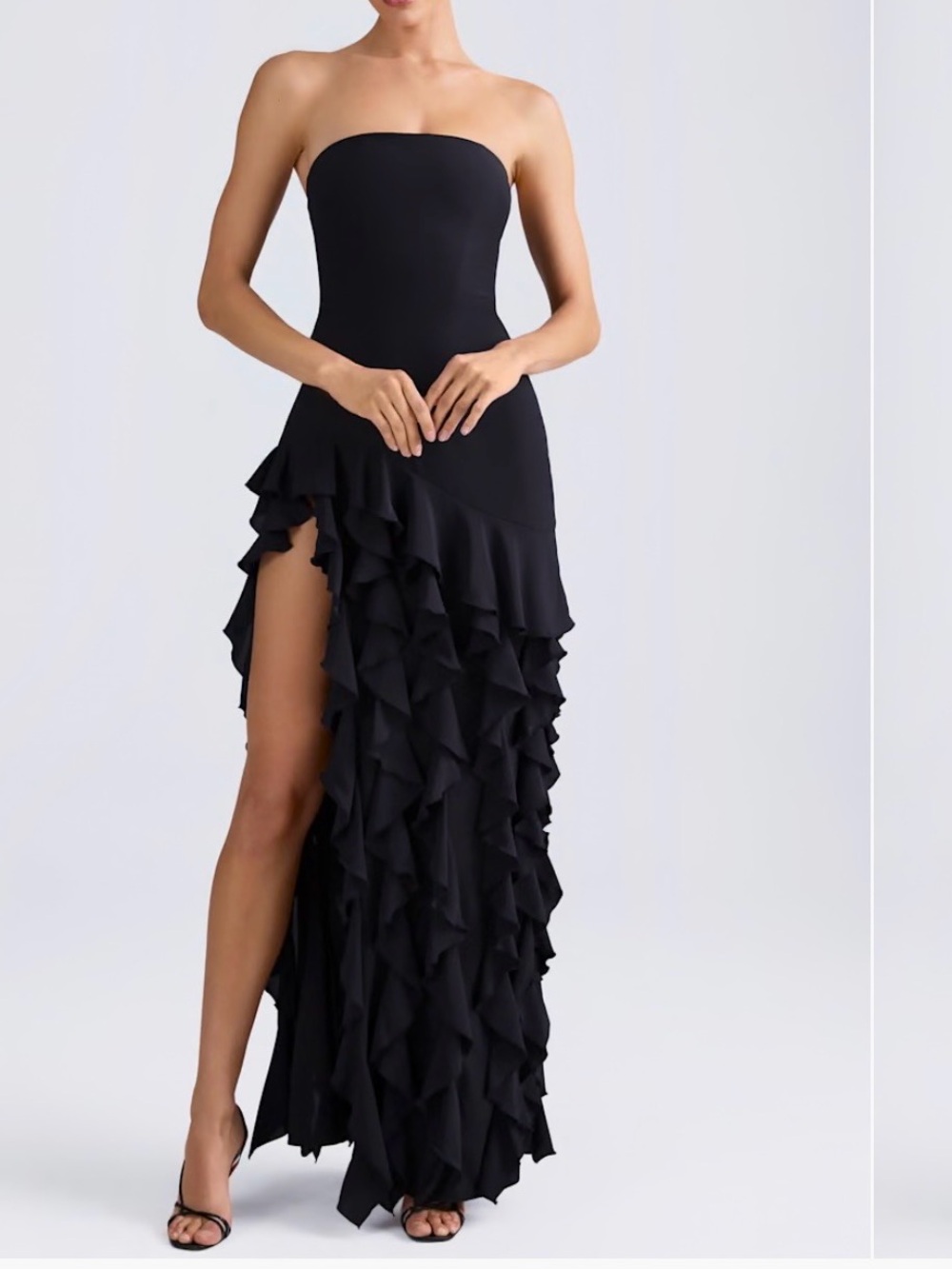 Oh Polly Black Strapless Ruffle High-Slit Gown STUNNING /LIKE NEW ! Size 4!!